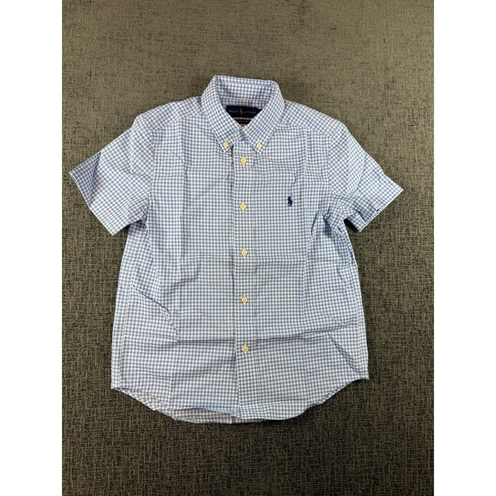 Ralph Lauren Boys Blue Gingham Natural Stretch Short Sleeve Button Down Shirt 7